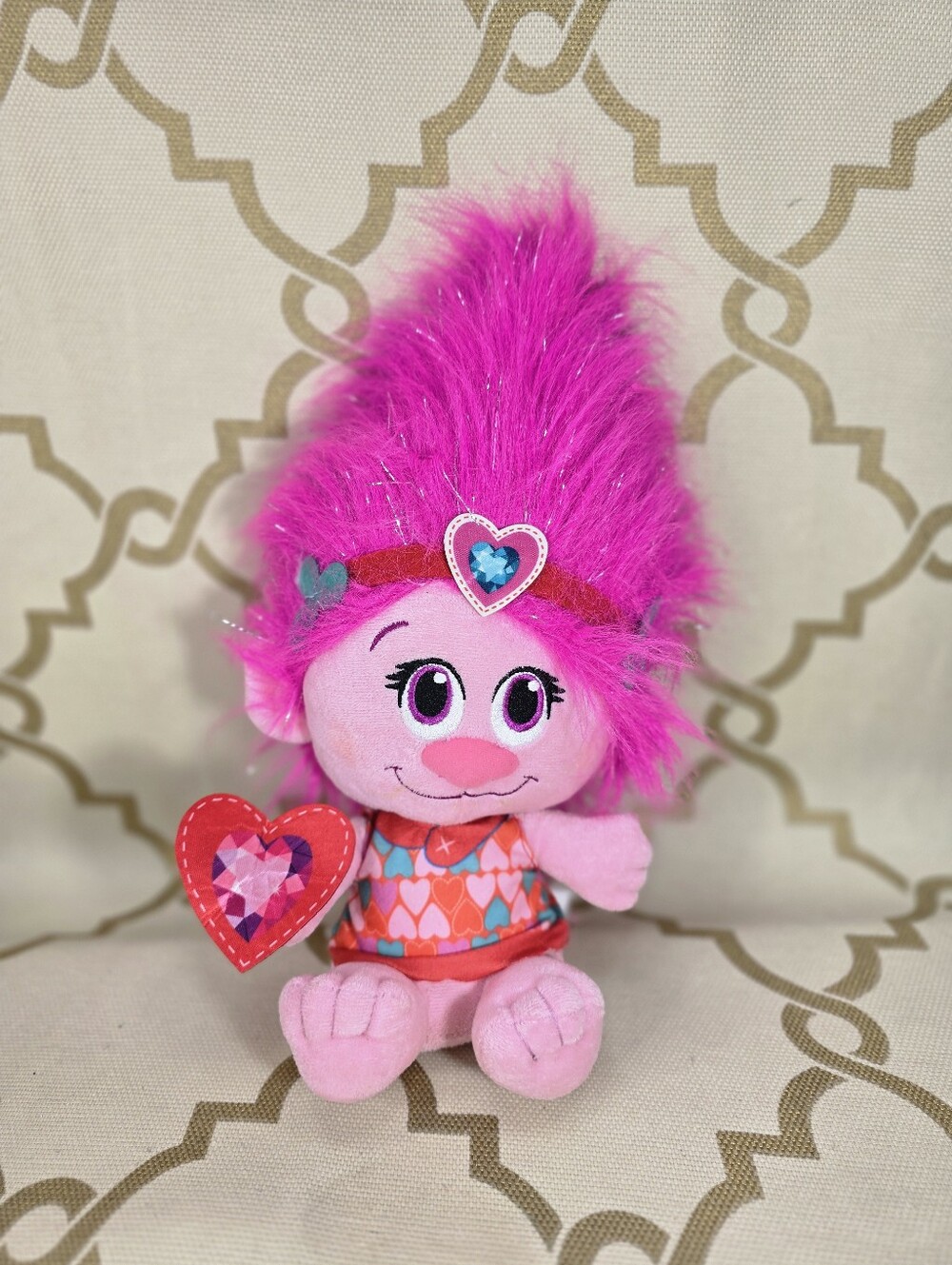 Poppy Troll Doll Plush Dreamworks 16"H Hearts Dress 2019 Stuffed Toy